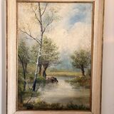 Oil Painting Canvas Shepherd Lake Cow River Fishing Landscape PATRY