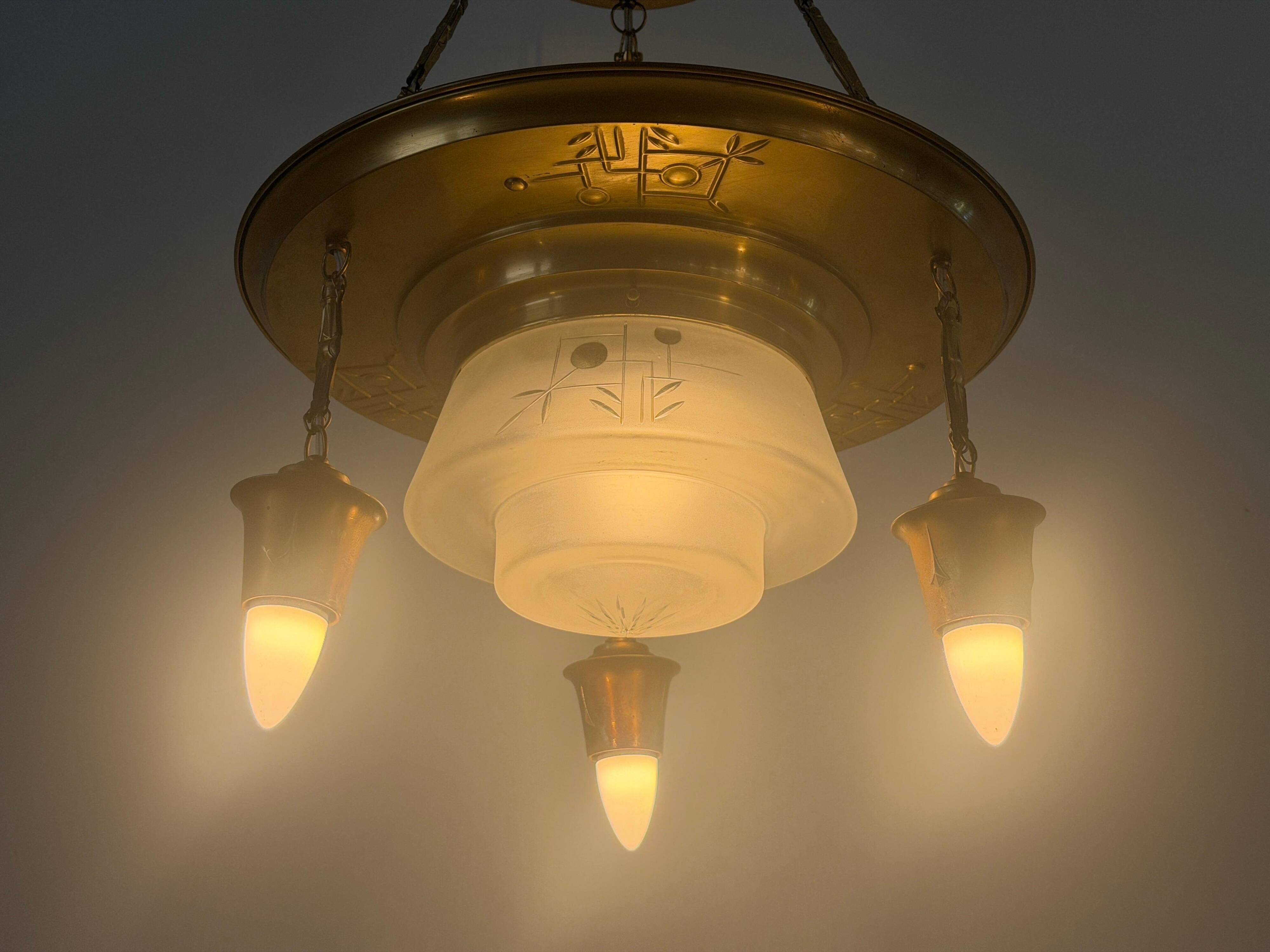 Art Deco ceiling light in copper and glass, 1940s, Germany