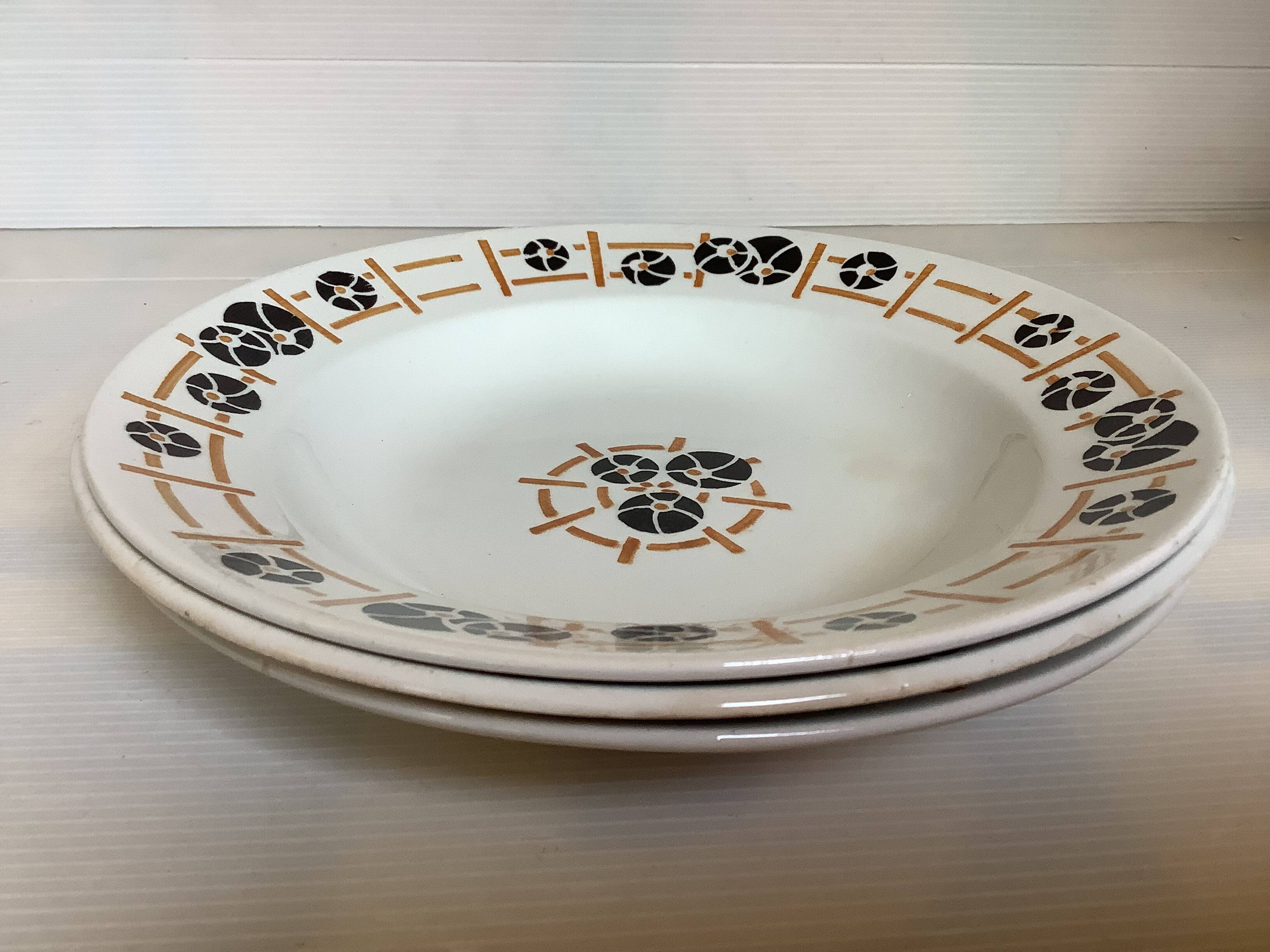 Three old earthenware soup plates from the 1930s, water lilies model