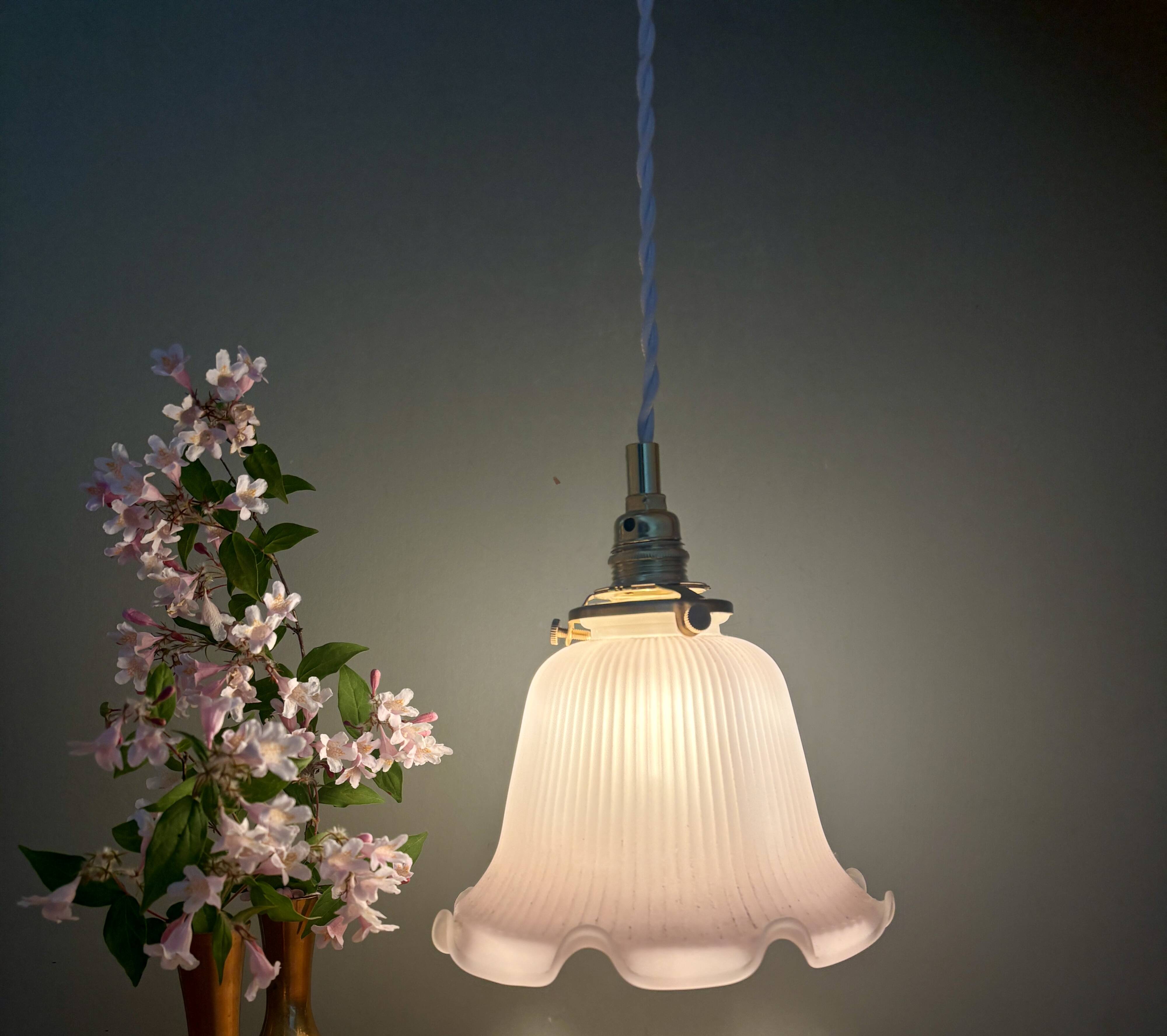 Pendant light, vintage lampshade in pink frosted glass