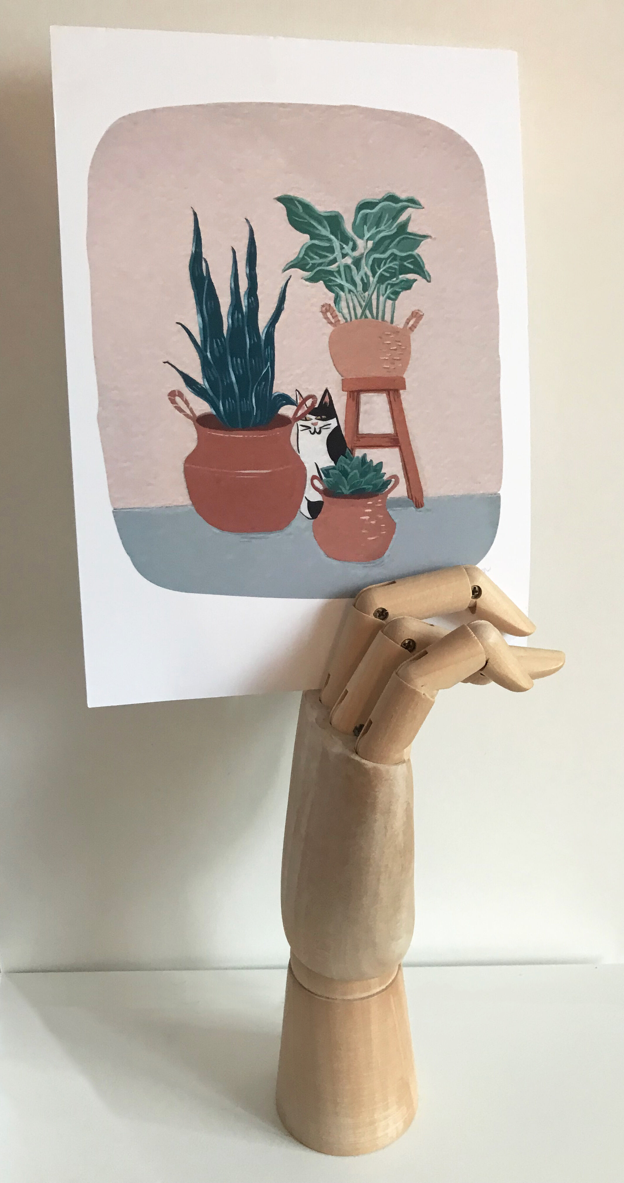 Reproduction of the gouache illustration "The cat and its plants"