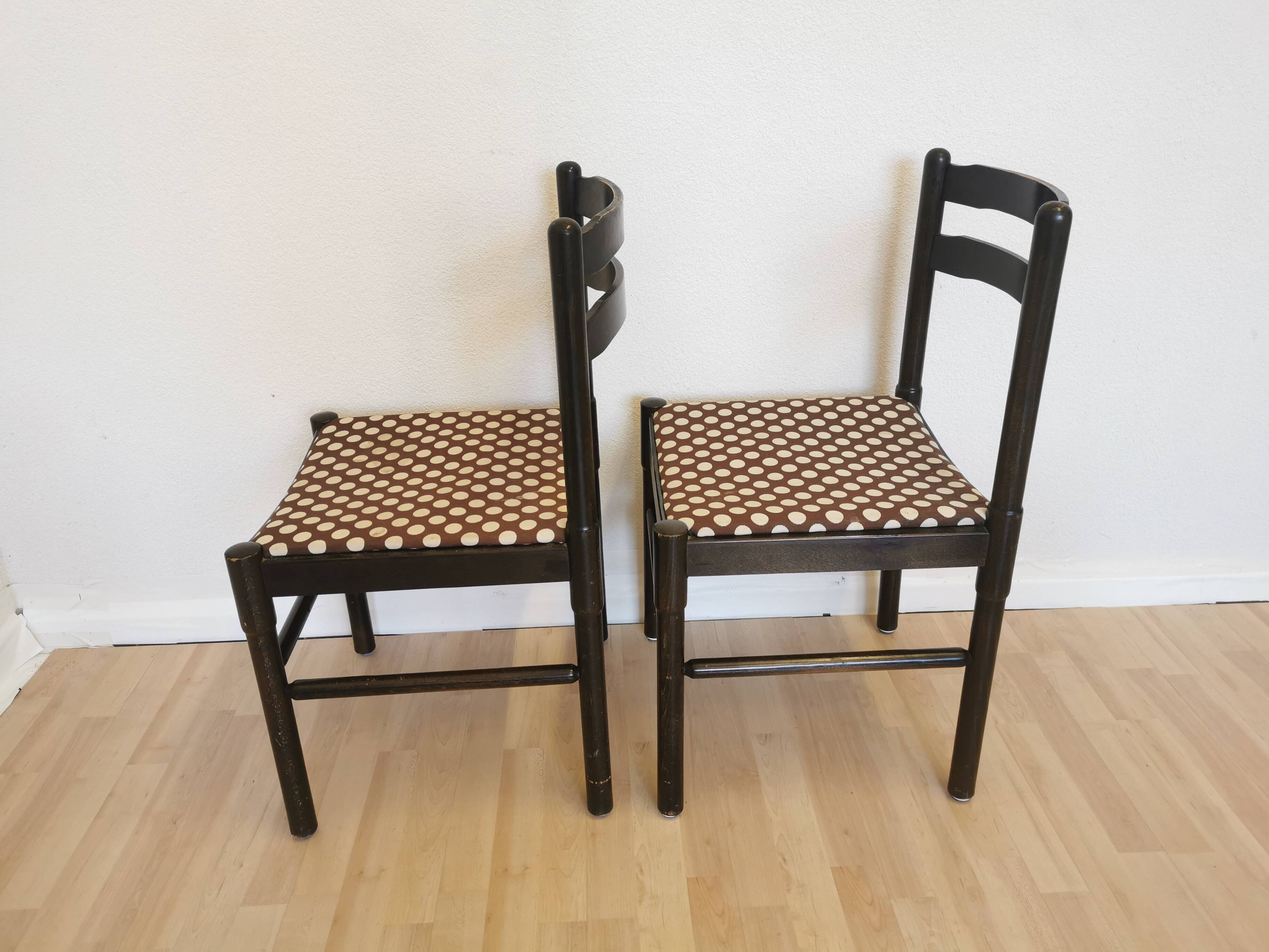 Set of 2 Vintage Wooden Dining Chairs: Brown & White Polka Dot Fabric 80s