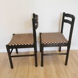 Set of 2 Vintage Wooden Dining Chairs: Brown & White Polka Dot Fabric 80s