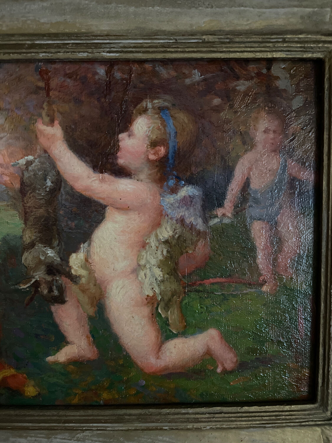Old painting nineteenth oil on panel "Putti"