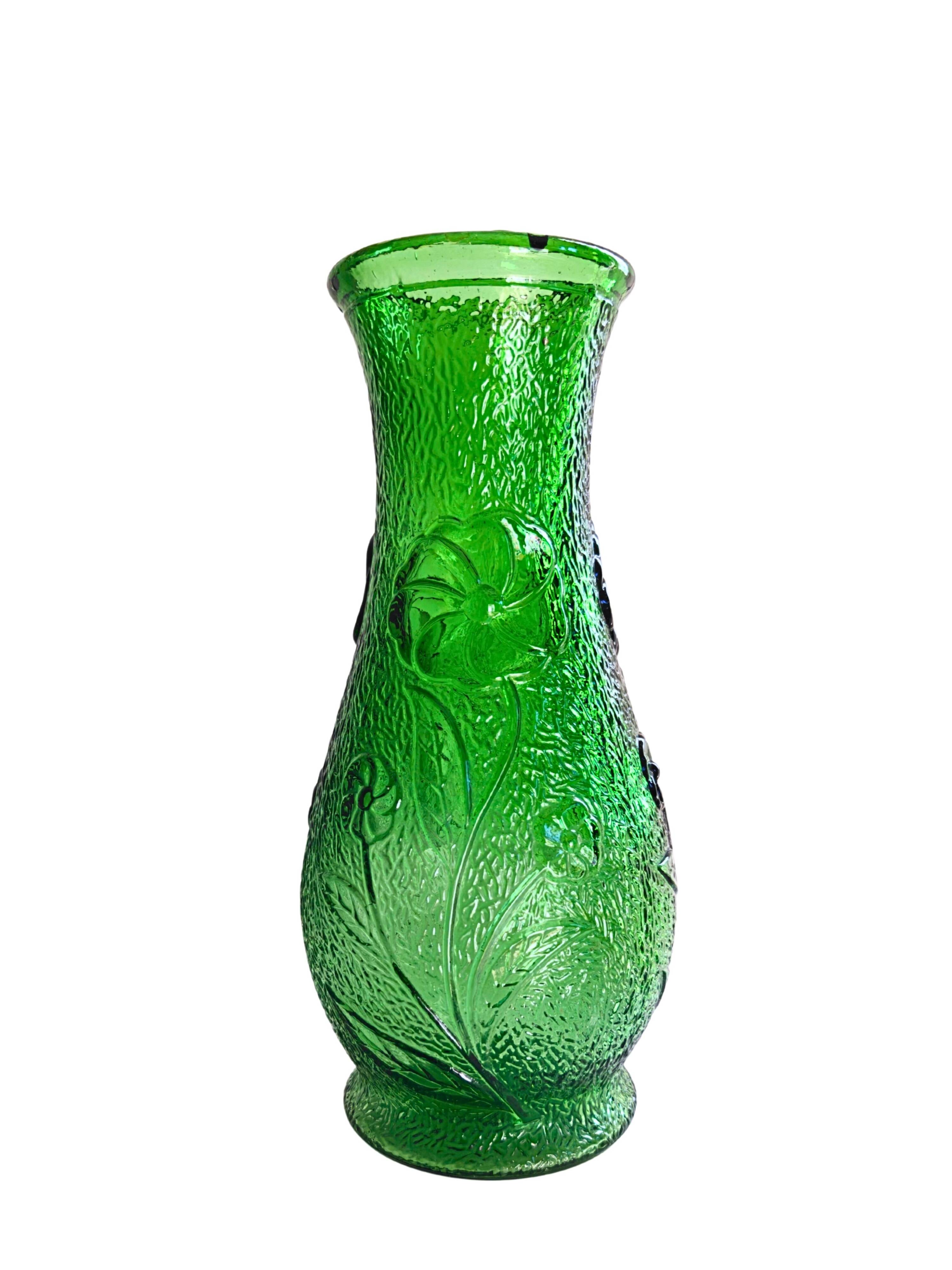 Constantin Vase Made in Italy vintage green glass with floral relief