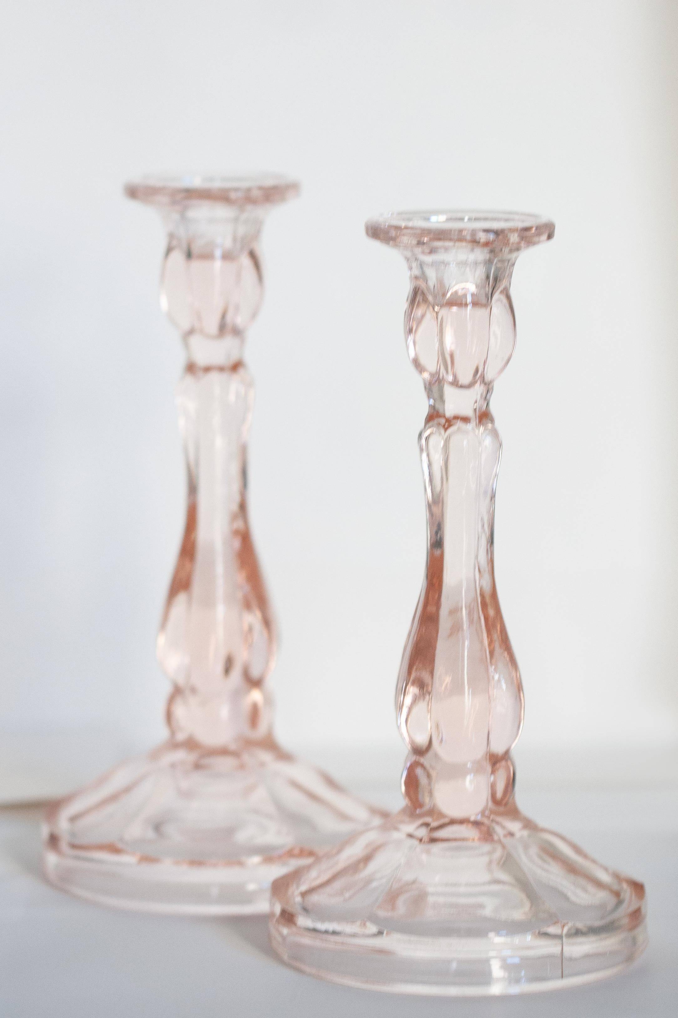 Set of two light pink glass candlesticks from the mid-century, Poland, 1960s.