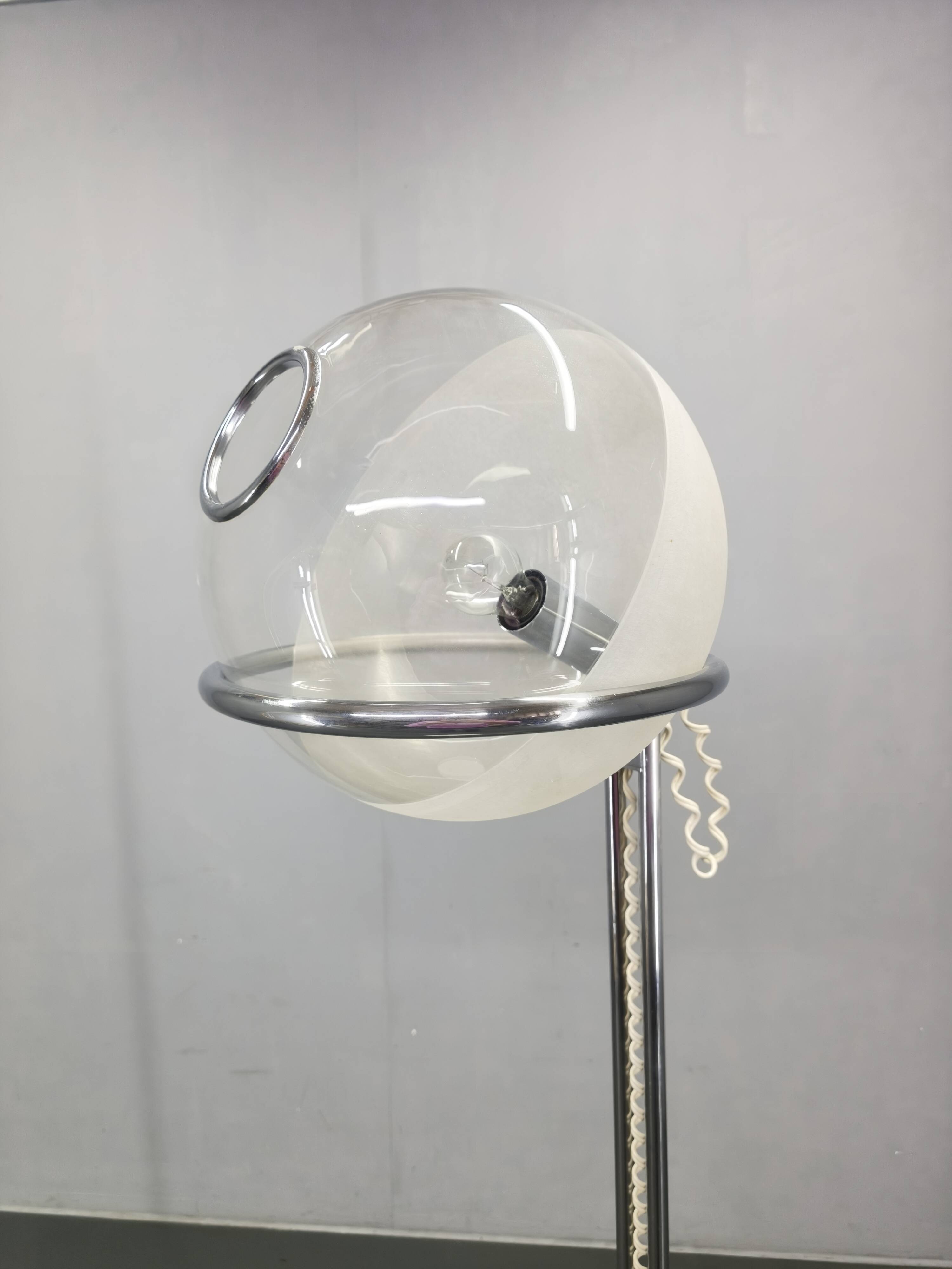 Italian Chrome Floor Lamp Glass Globe, Lenci Style, 1970s