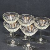 5 Antique Art Deco Palmette Cut Crystal Champagne Glasses