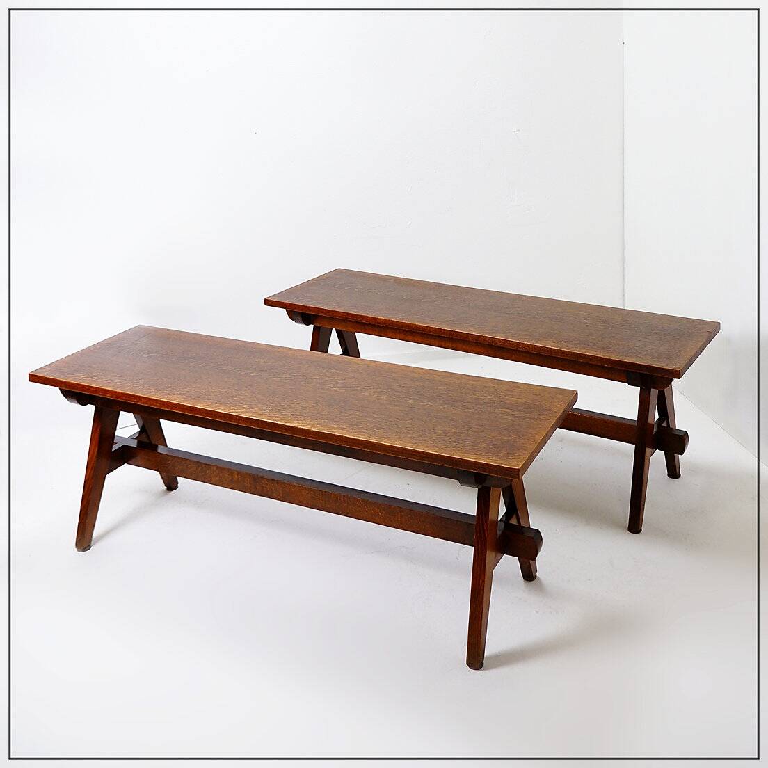 Pair of solid wood benches with compass feet
