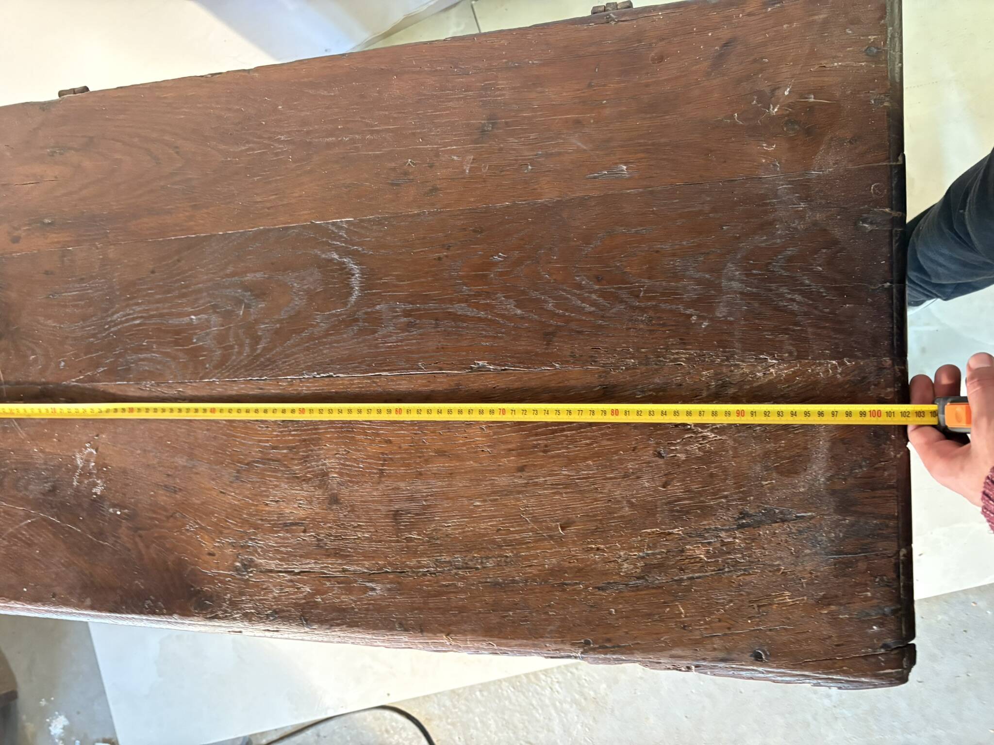 Antique rustic oak chest with original hardware and molded panels