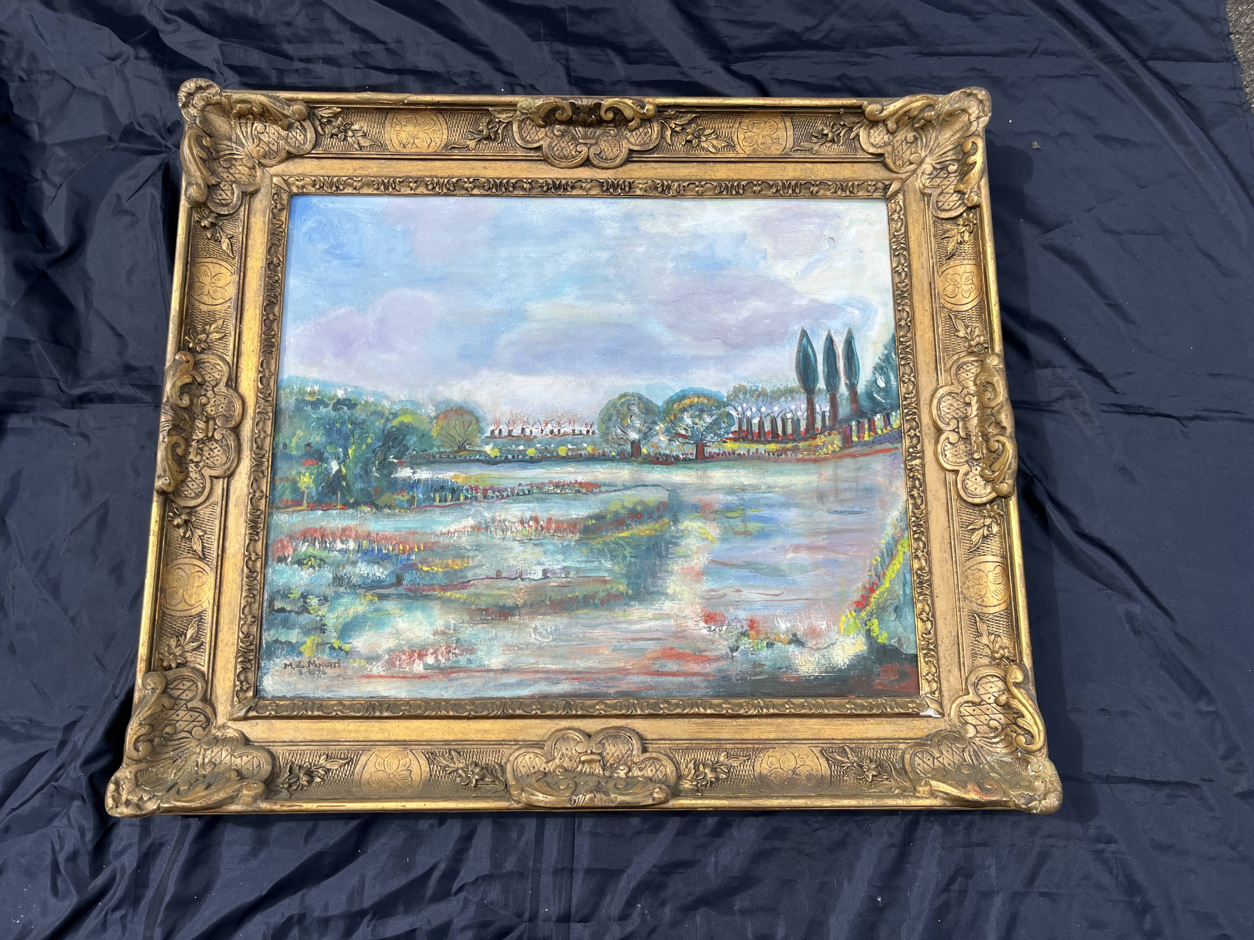 Very beautiful painting Landscape with reflections – M. de Moran 1996 with a 19th century frame