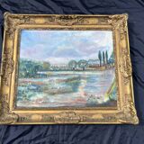 Very beautiful painting Landscape with reflections – M. de Moran 1996 with a 19th century frame