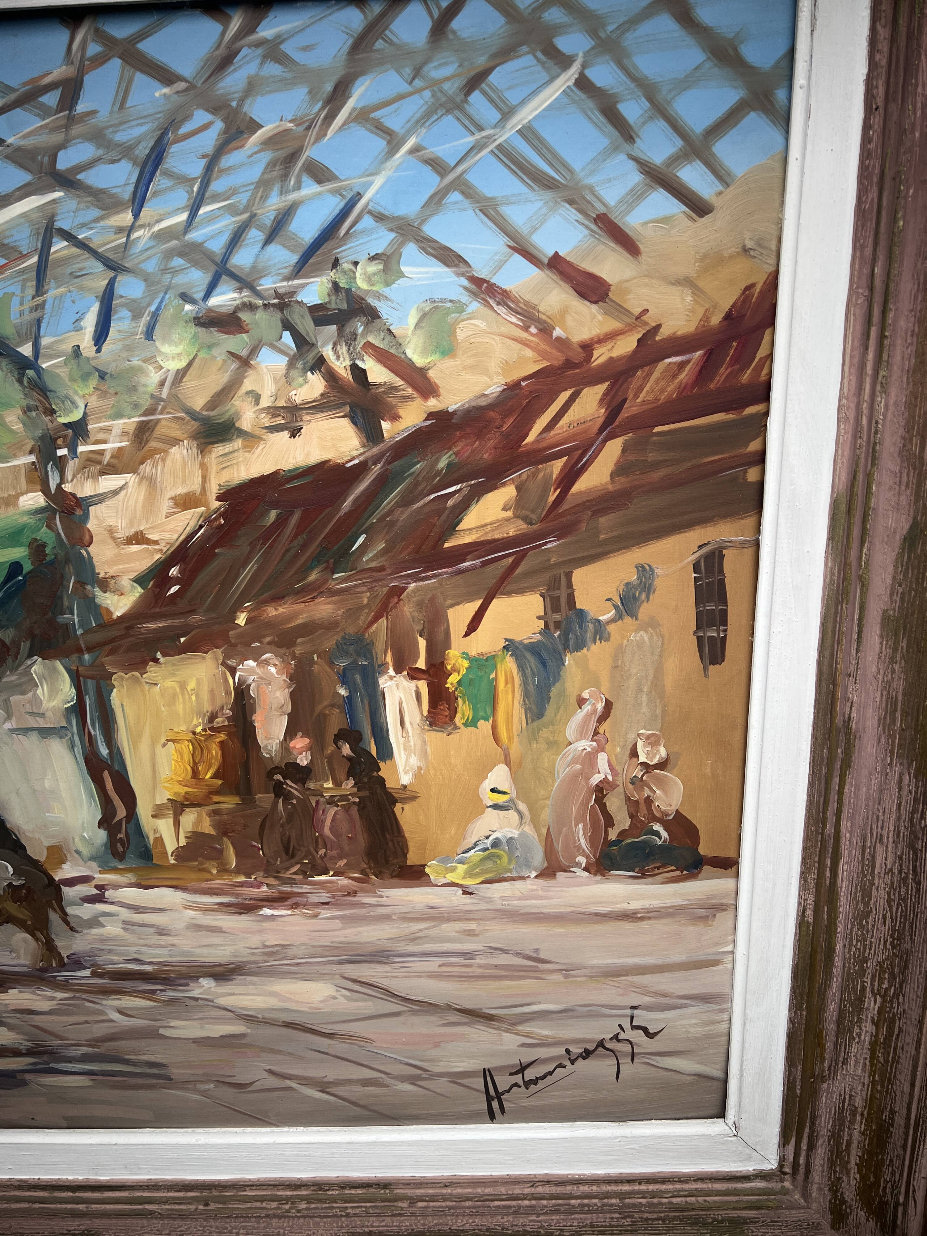 Oil on Panel Painting, The Oriental Market or Souk signed Antoniazzi