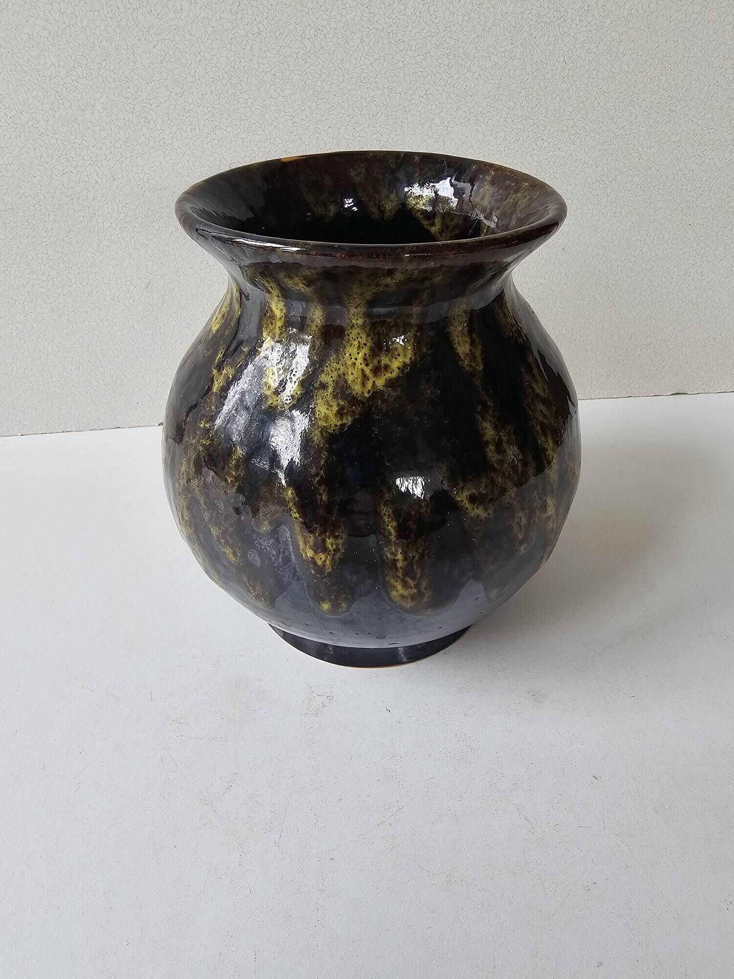 Ceramic vase with black and yellow flame glaze Signed Morvan Petit Massé
