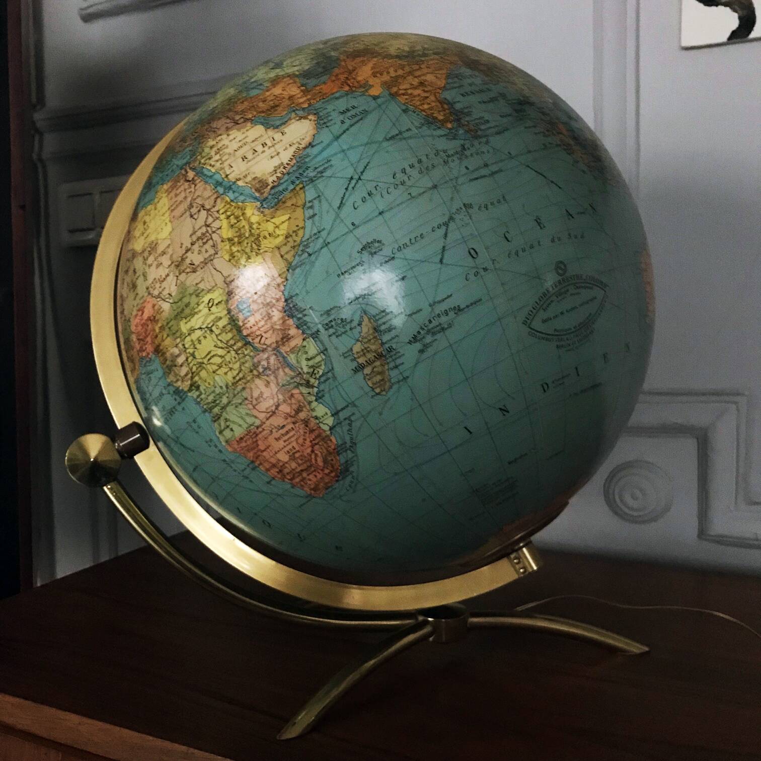 Grand Globe Terrestre Vintage • Verre • Laiton • Columbia Duo • Space Age • 1960