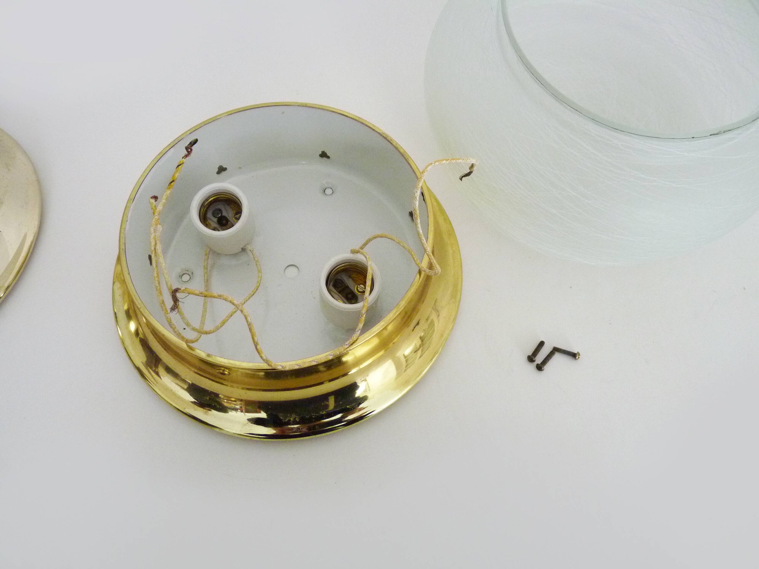 Pair of wall or ceiling lights with white-edged globe. 80 years