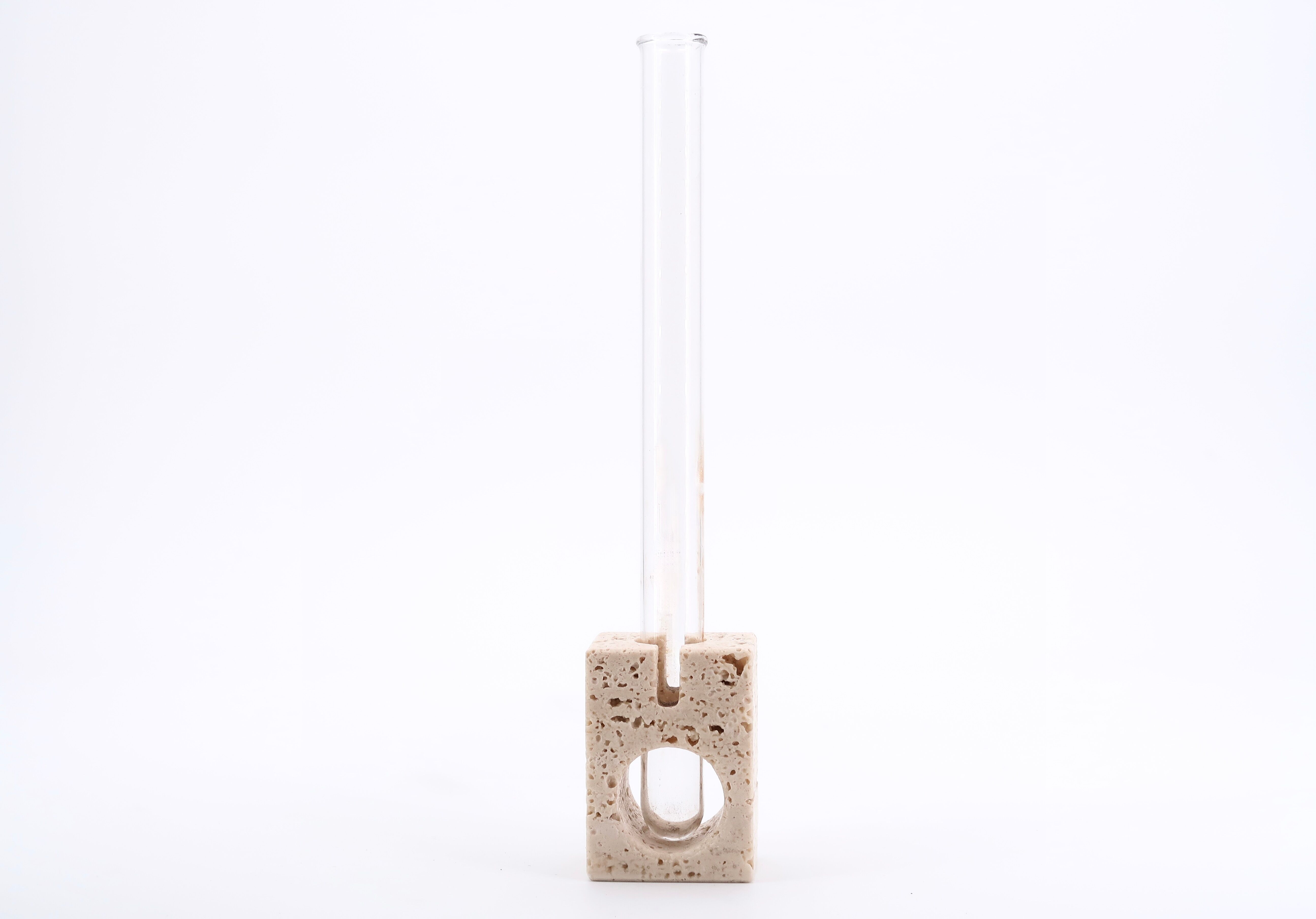 Travertine soliflore vase with glass tube, 1970s