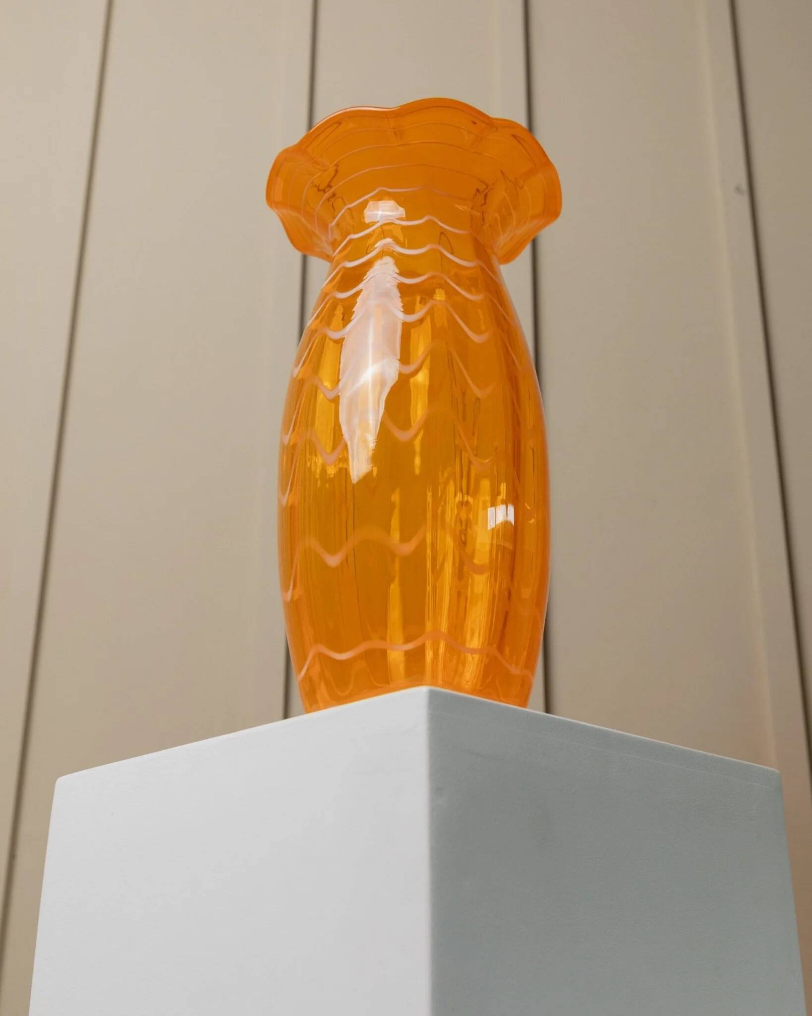 Orange Murano glass vase, XL 34cm, 1970s Italy, white stripes and wavy rim