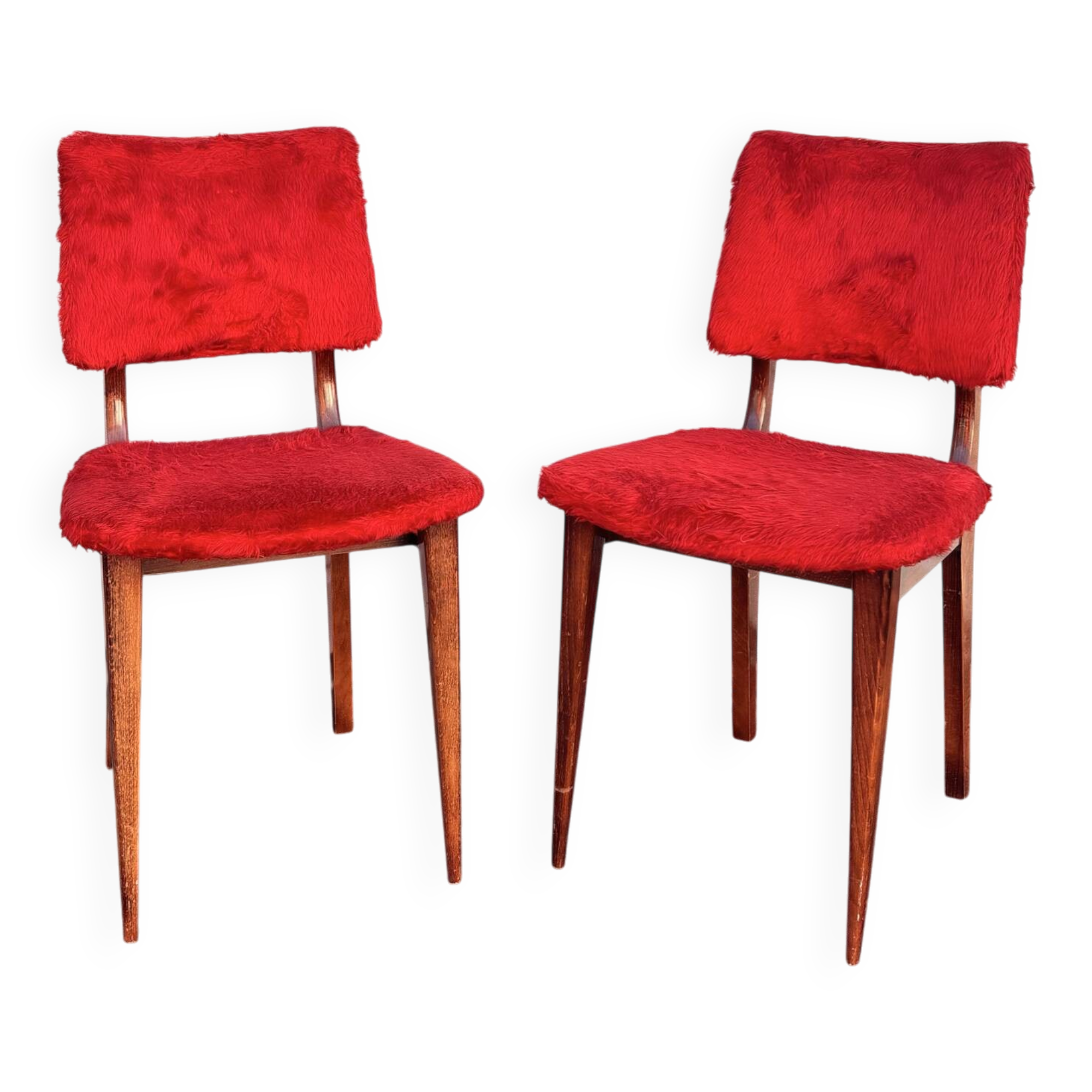 Pair of vintage wooden chairs with red fabric – 1960s/70s