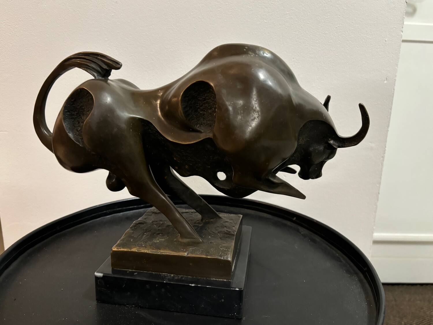 Bronze bull on marble base signed Milo