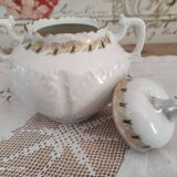White porcelain sugar bowl decoration in relief and green and gold frieze