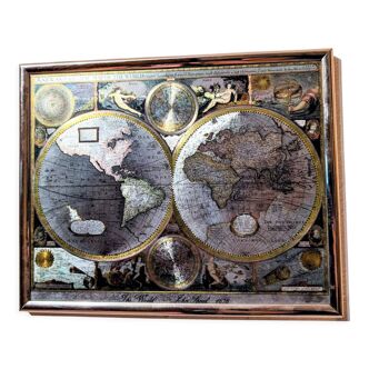 Double hémisphère carte du monde planisphère atlas The World John Speed 1676 carte brillante argenté