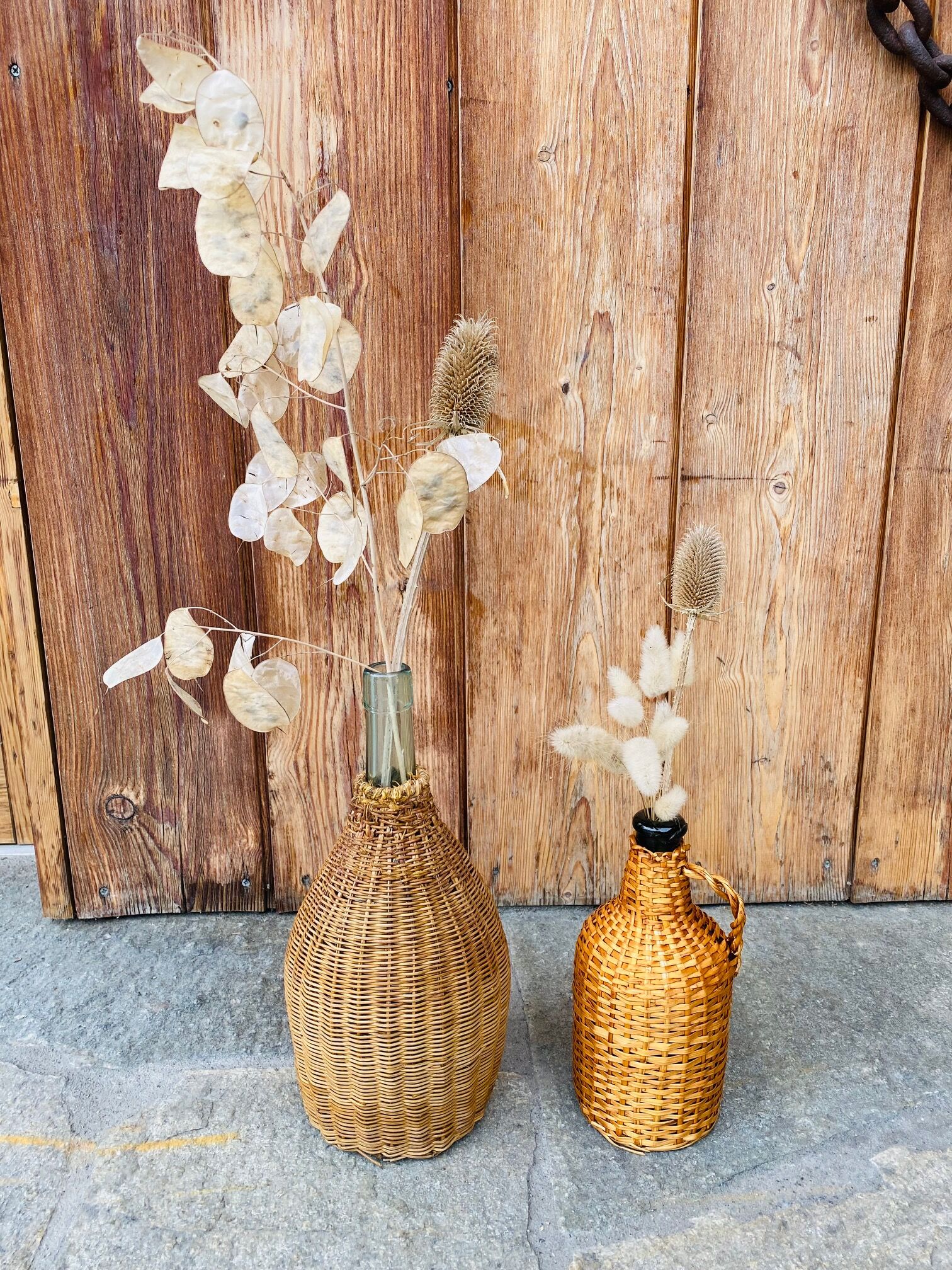 Vintage braided rattan bottle duo