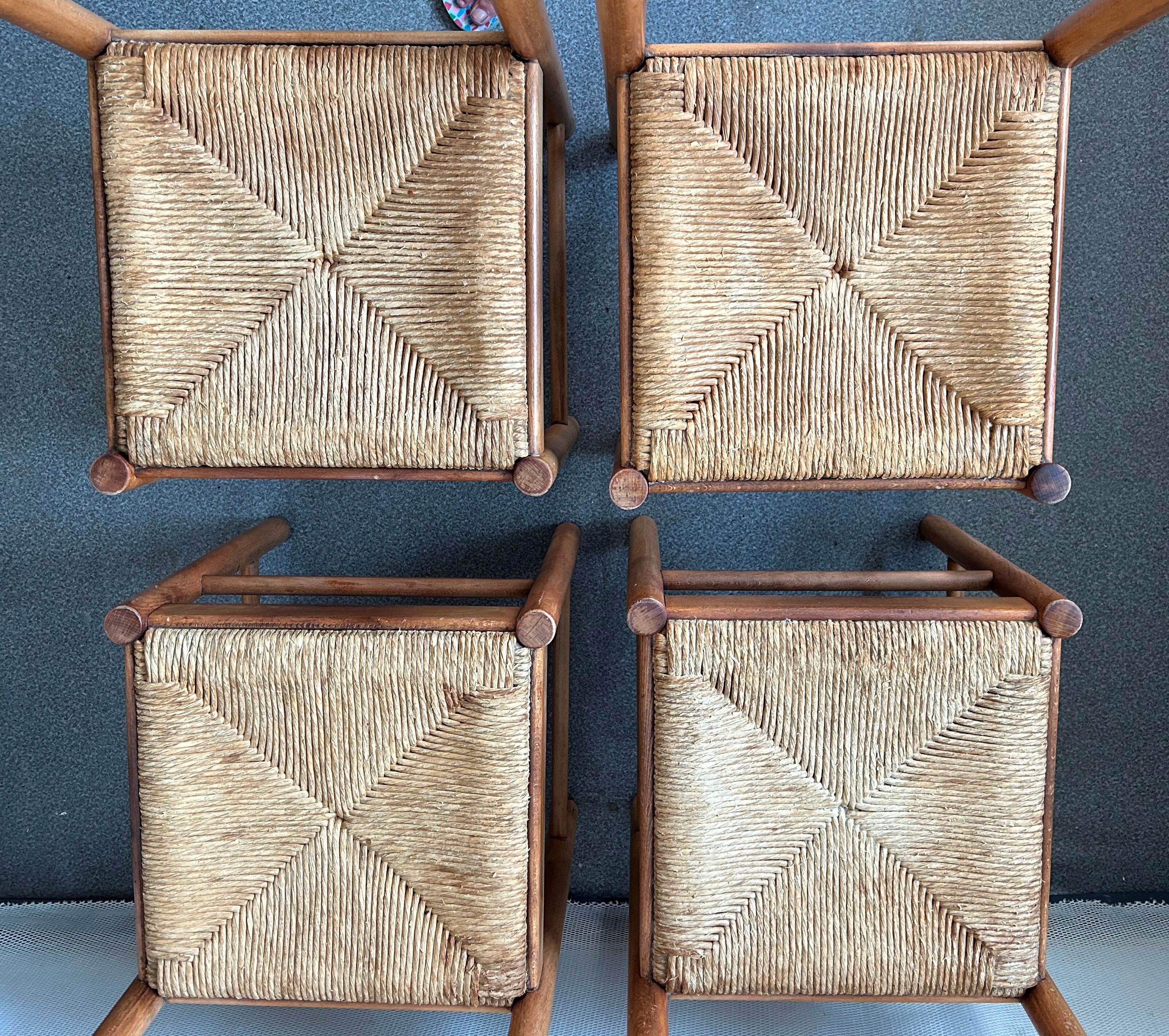 4 charlotte perriand style wood and straw chairs