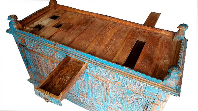 Damchaya blue chest original piece old teak with secrets
