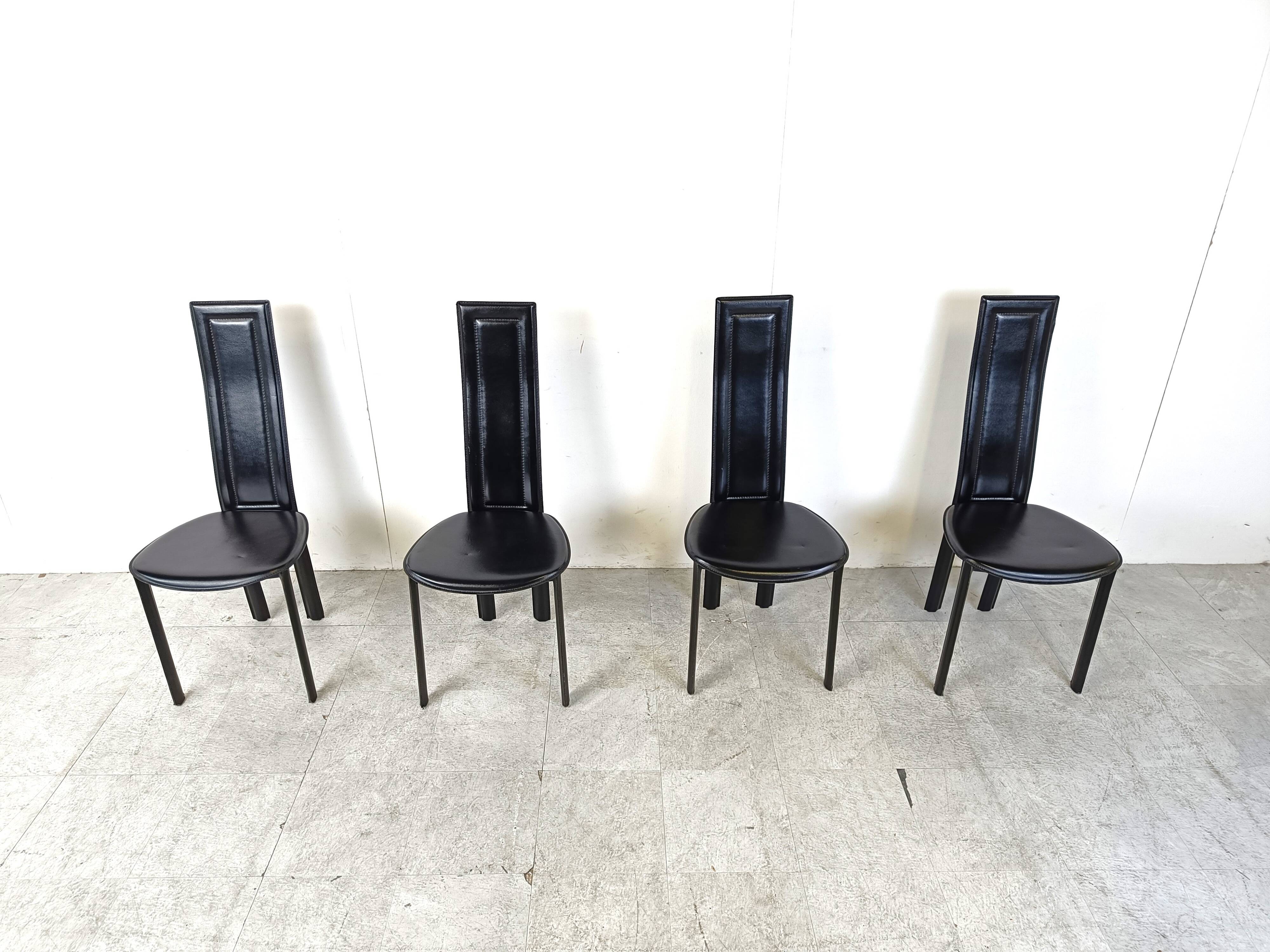 Vintage black leather dining chairs, set of 4, 1980s