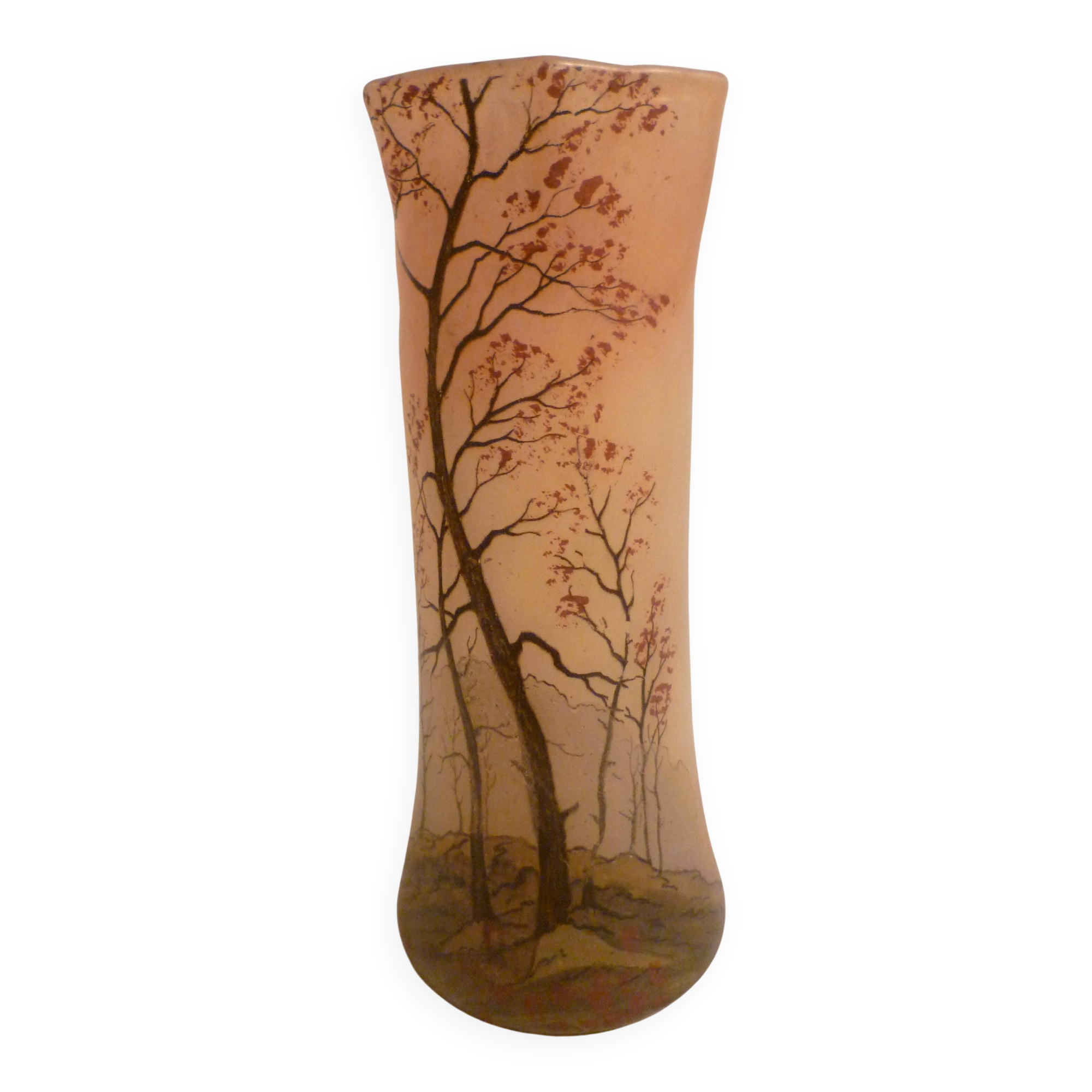 Blown glass vase with painted underbrush decoration marked "leg"
