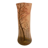 Blown glass vase with painted underbrush decoration marked "leg"