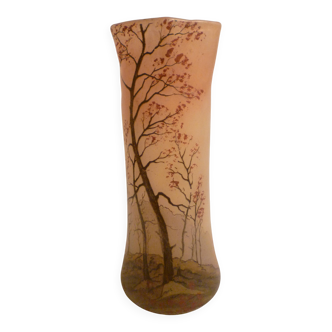 Blown glass vase with painted underbrush decoration marked "leg"