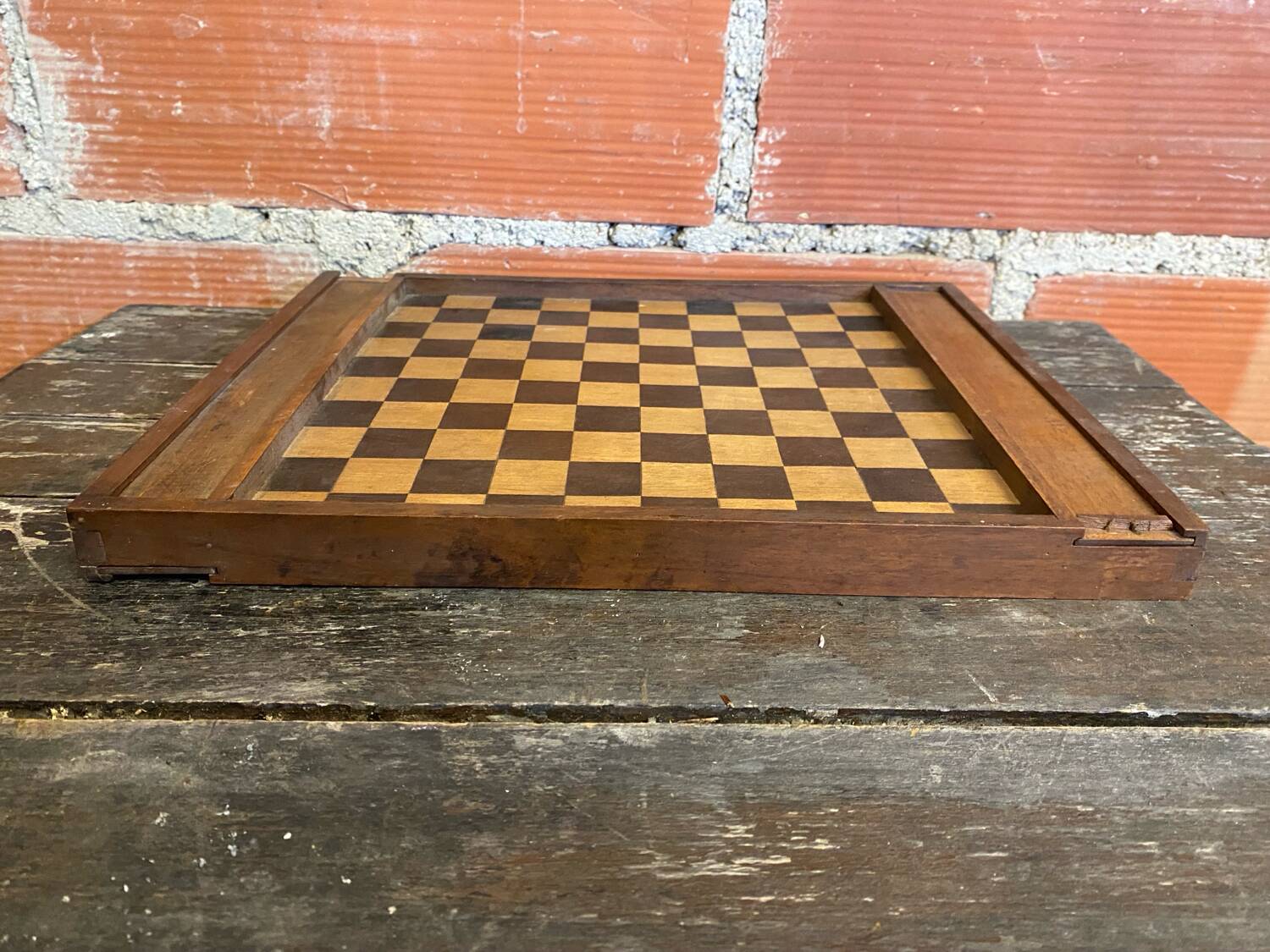 Double-Sided Wooden Checkers + Chess Game Board + Vintage Squares #D62