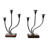 Pair of art deco candle holder in stainless steel 3 flames, Spain, 1970