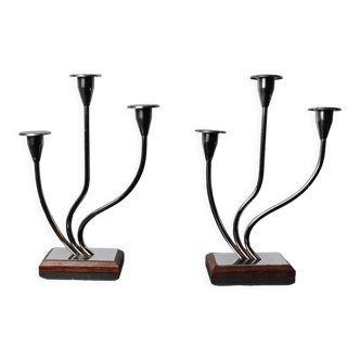 Pair of art deco candle holder in stainless steel 3 flames, Spain, 1970