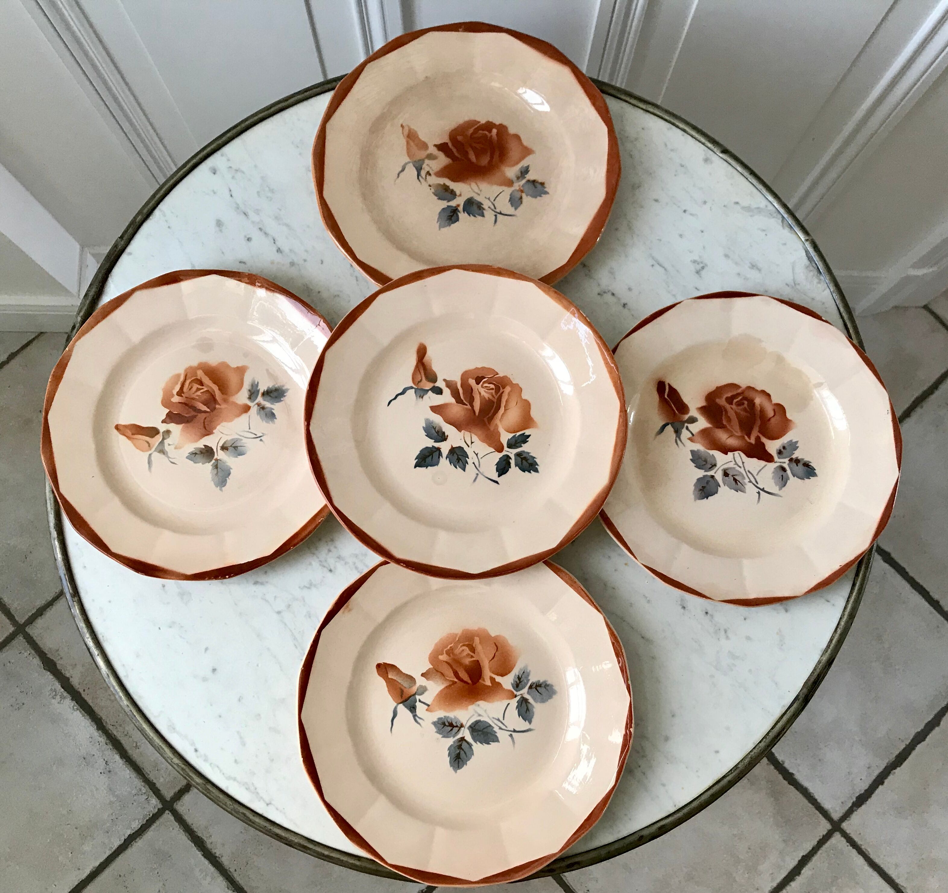 Set of 5 dessert plates Digoin Sarreguemines pink flowers 30-40s