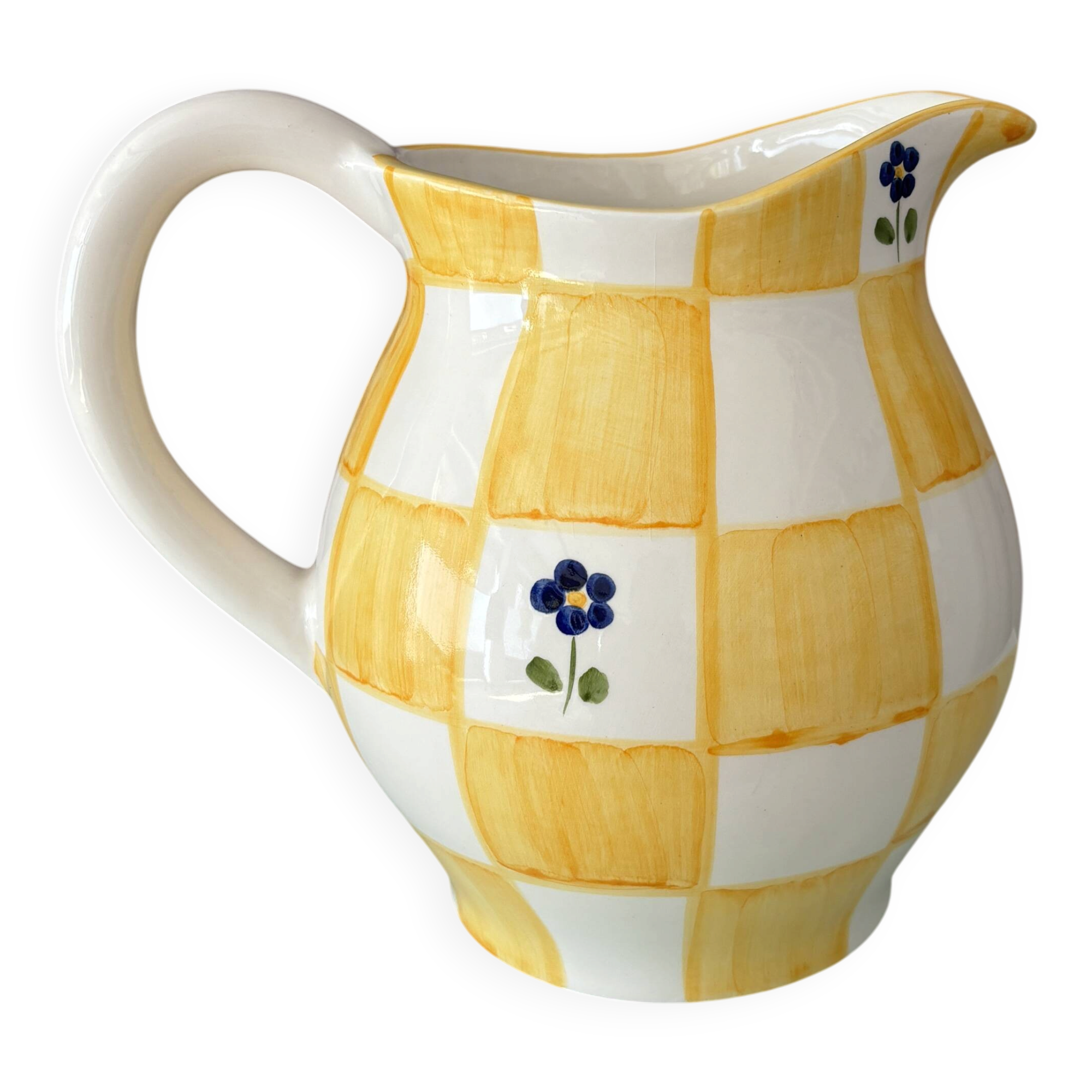 Cottagecore hand-painted ceramic jug – yellow check & blue flowers