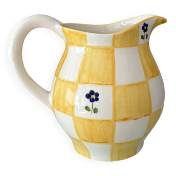 Cottagecore hand-painted ceramic jug – yellow check & blue flowers