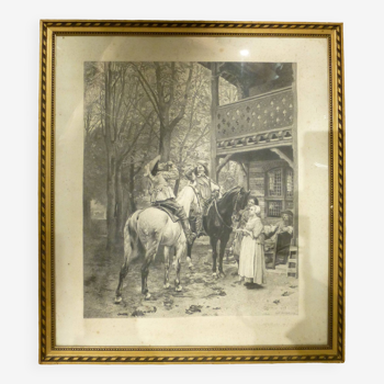 Old 19th century etching, La Halte à l'Auberge, Alfred Boilot 1878