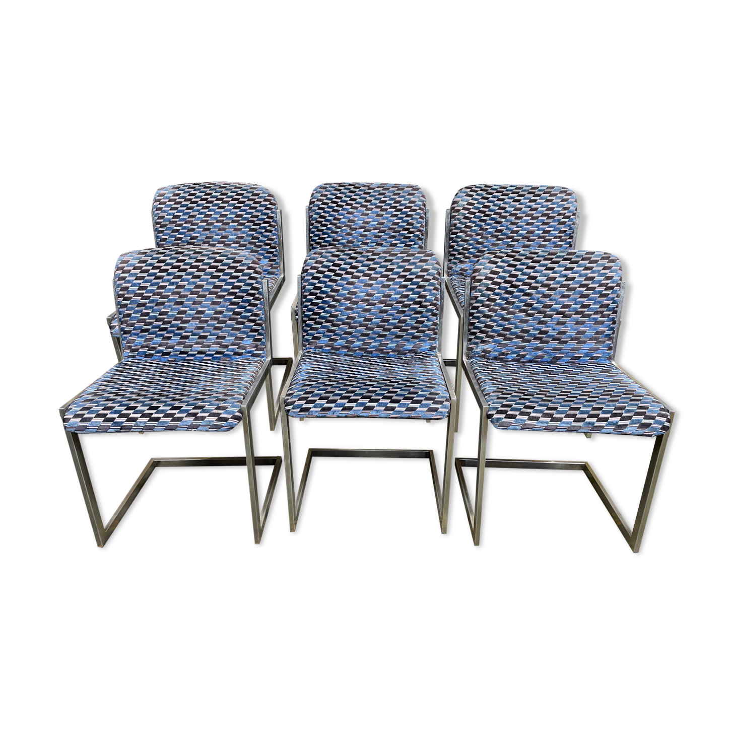 Suite of 6 vintage chairs 1970 velvet and stainless steel