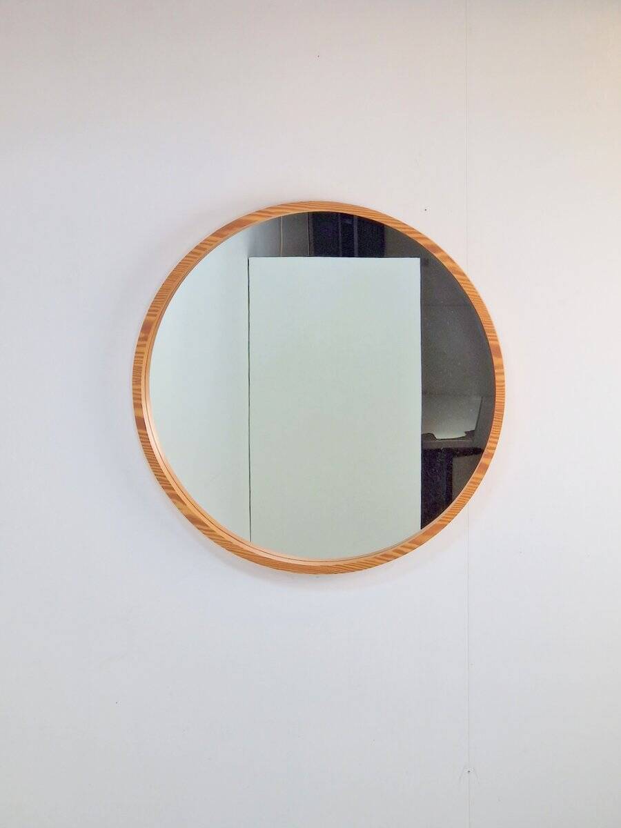 Large Mid-Century Round Pine Mirror, Denmark, 1960s