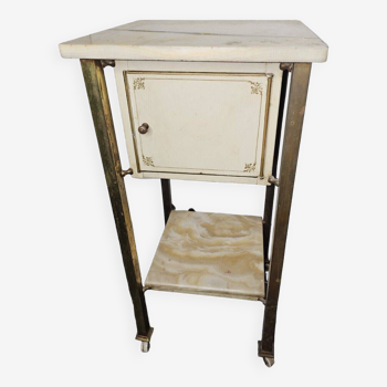 Bedside table in patinated iron, brass and marble tops