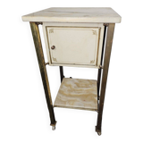Bedside table in patinated iron, brass and marble tops