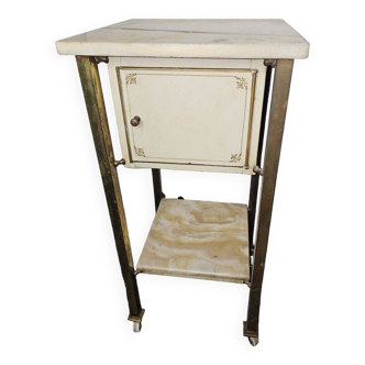 Bedside table in patinated iron, brass and marble tops