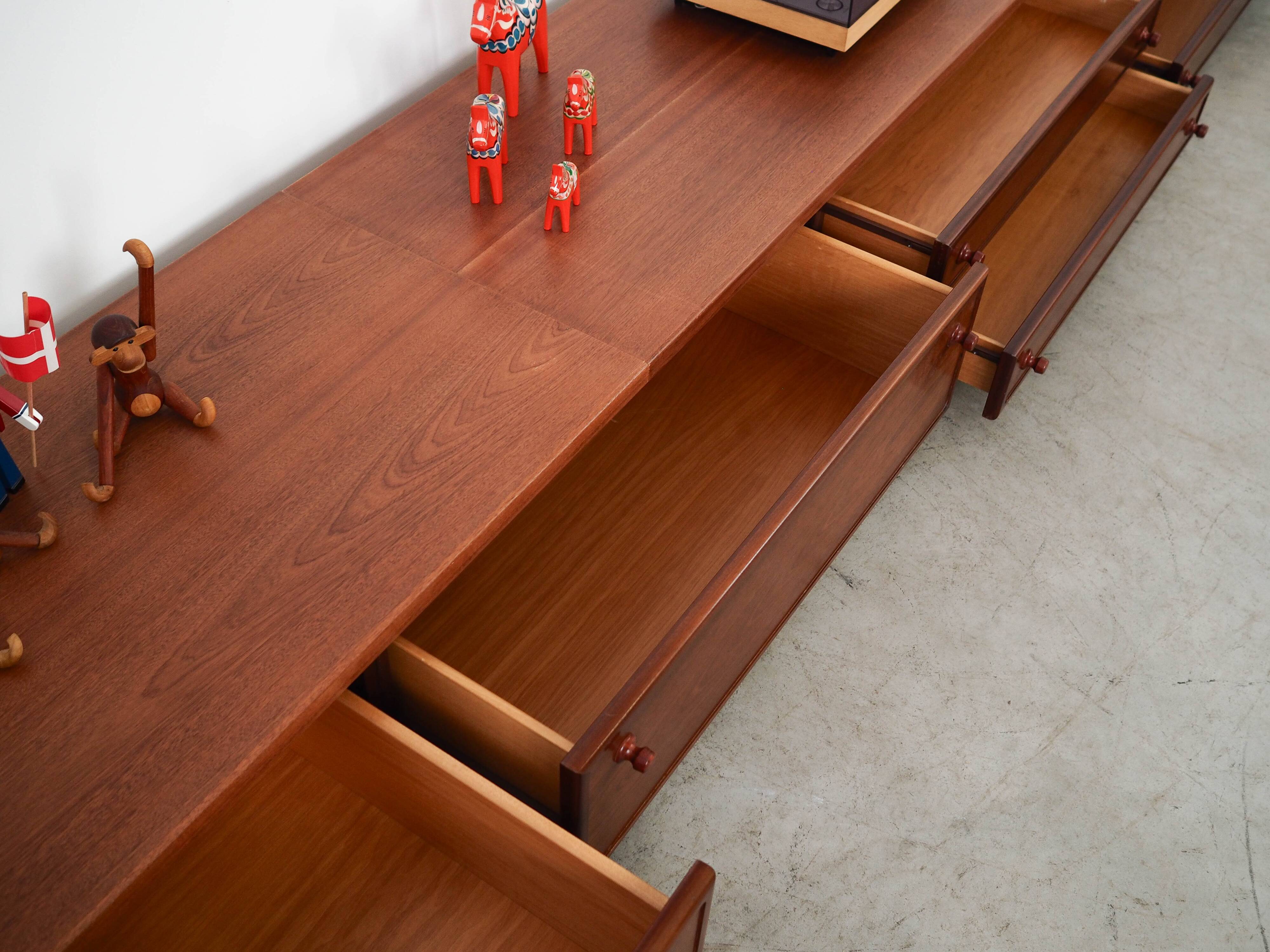 Low mahogany furniture, Danish design, 1970s, made in Denmark.
