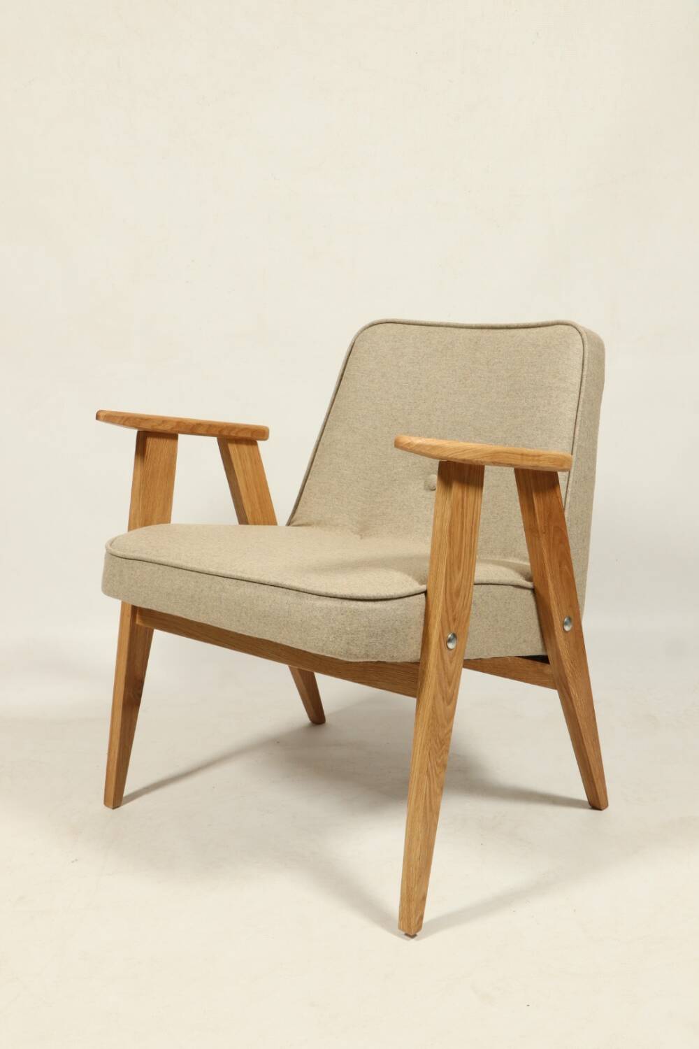 Scandinavian armchair beige wool natural oak wood chair design by Chierovski