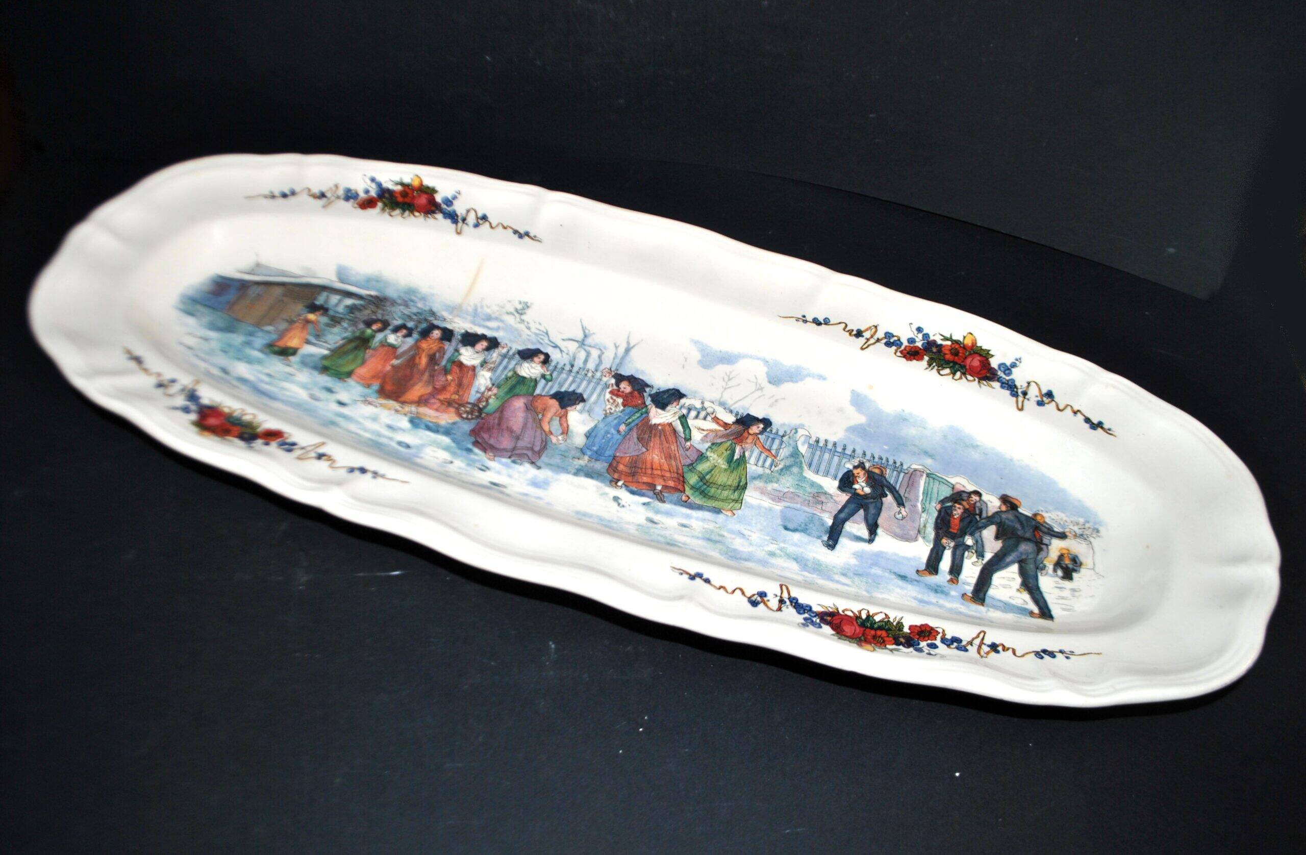 Sarreguemines large oval dish Obernai the snowball fight H. Loux
