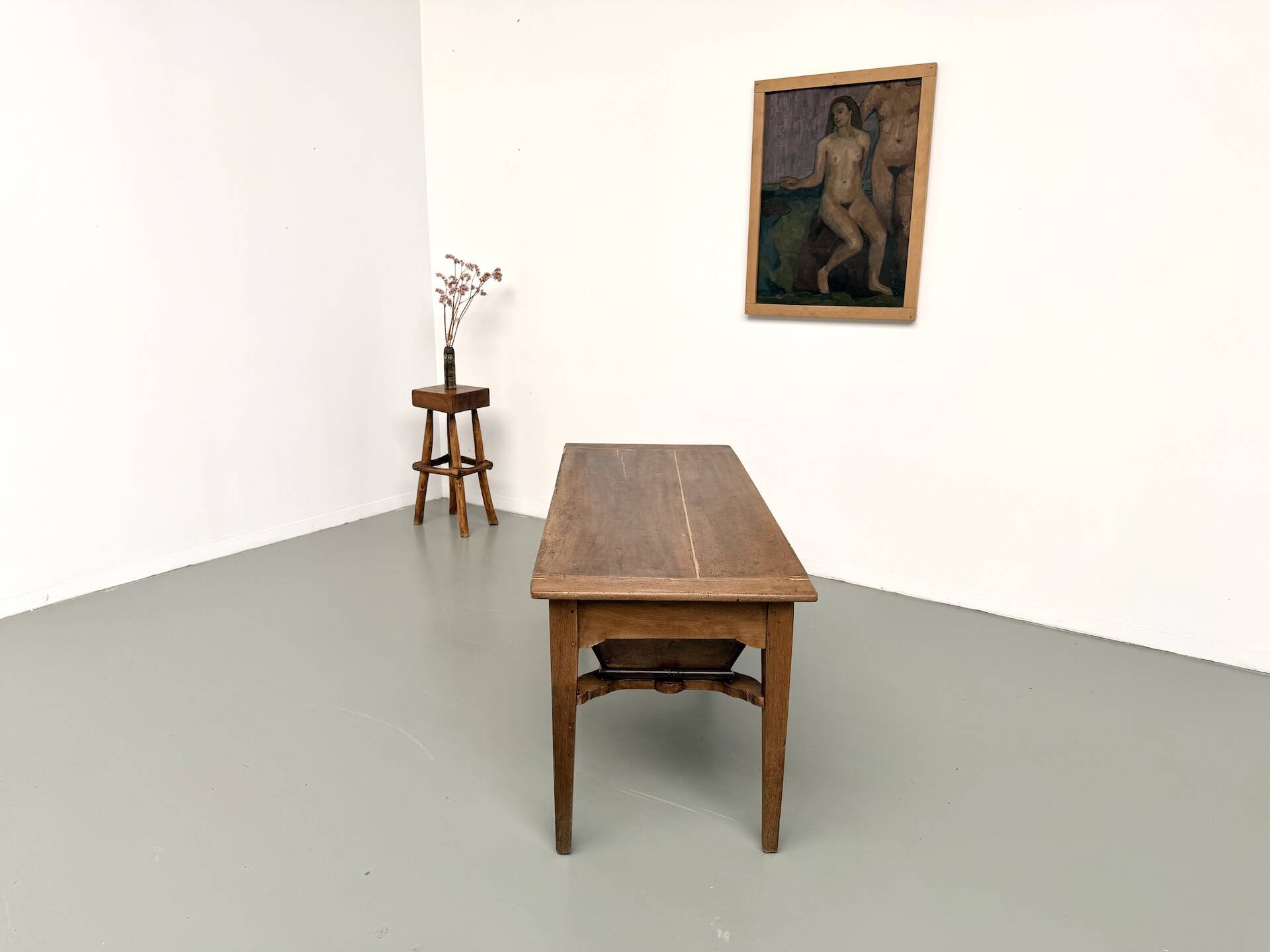 Farm table, old solid oak dough trough, France, around 1920.