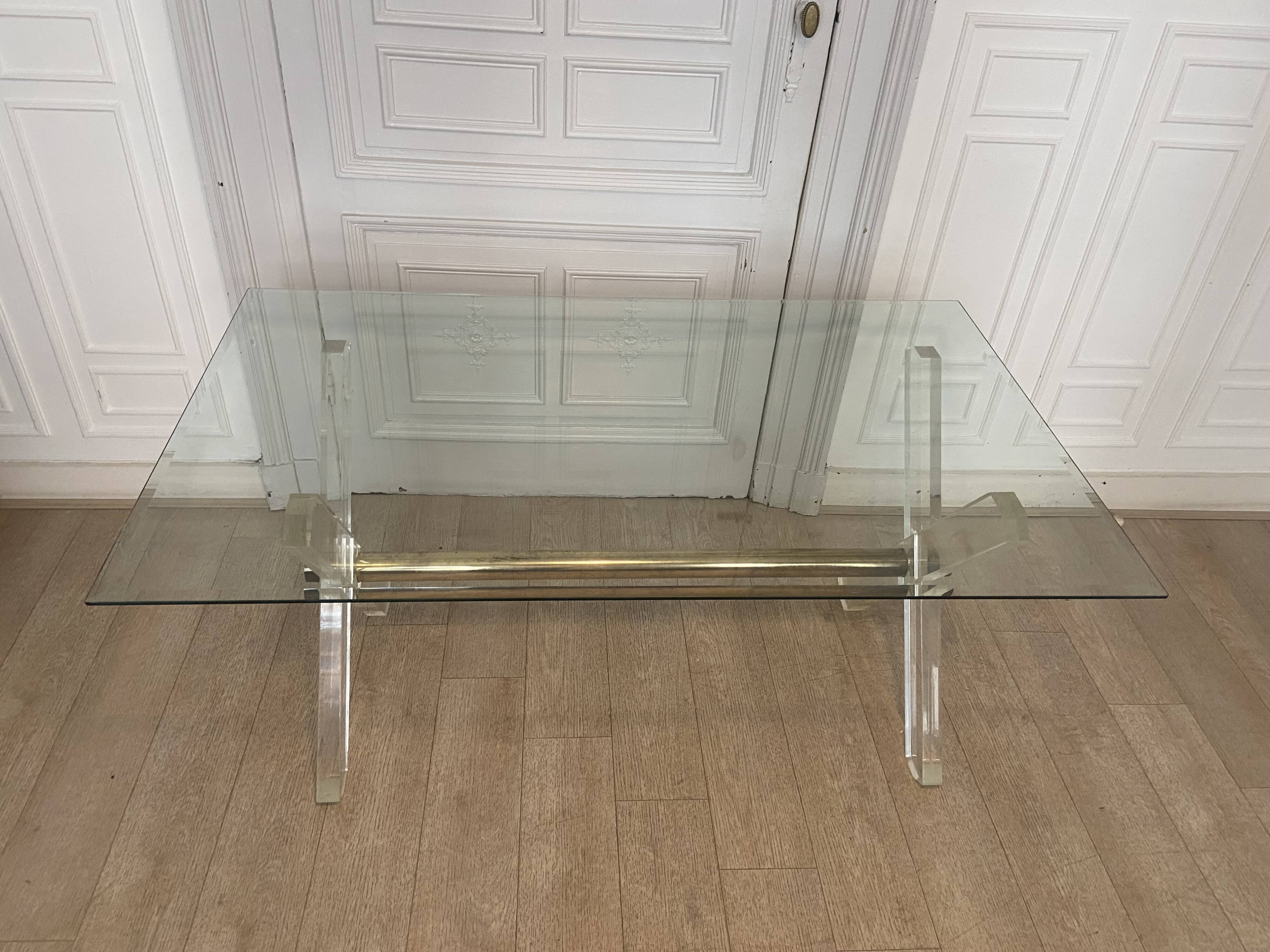 Table in plexiglass gold metal and beveled glass 1970s